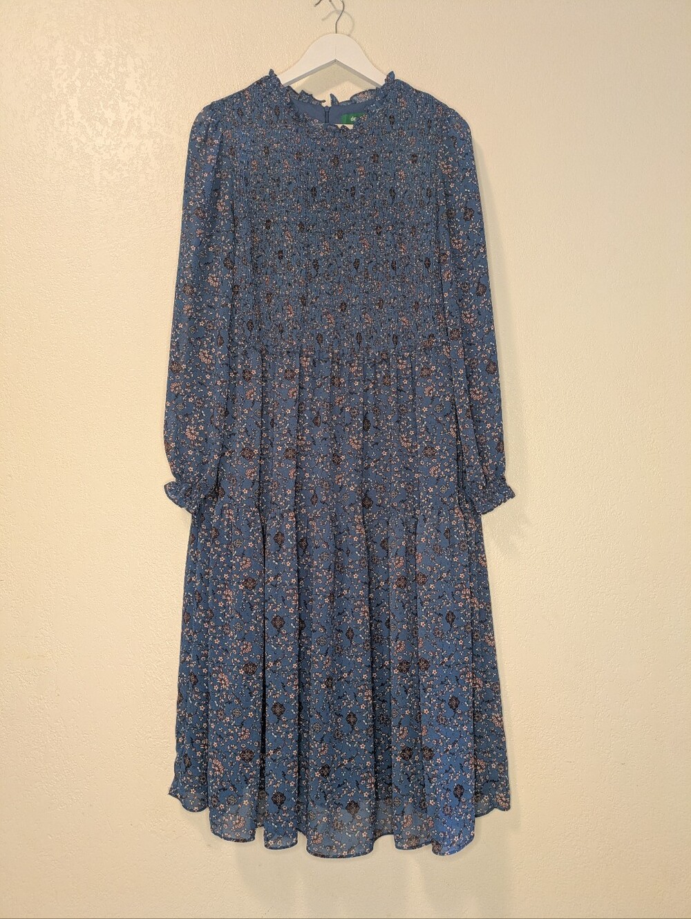 dip Blue Floral Smocked High-Neck Midi Dress